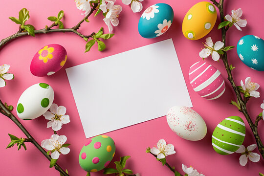 Colorful Easter eggs surround a blank white paper on a pink background, a festive setup for a holiday message. Banner with copy space.