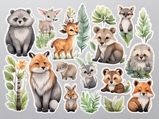 Set of cute wild animals and plants. Watercolor hand drawn illustration, Stickers, cutting edges