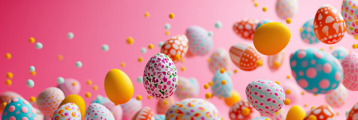 Fototapeta na wymiar Colorful, patterned eggs float against a pink backdrop, symbolizing the Easter celebration with art and tradition. Vibrant, festive, and perfect for the spring season. Easter concept. Banner.