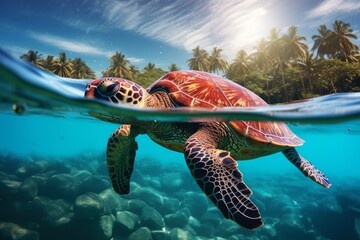 A giant sea turtle gliding through crystal-clear water - obrazy, fototapety, plakaty