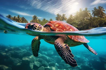 Fotobehang A giant sea turtle gliding through crystal-clear water © KerXing