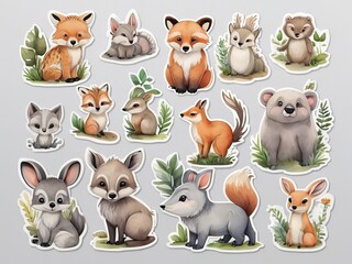 Set of cute cartoon animals stickers on gray background. Vector illustration. Stickers, cutting edges,
