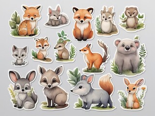 Fototapeta premium Set of cute cartoon animals stickers on gray background. Vector illustration. Stickers, cutting edges,
