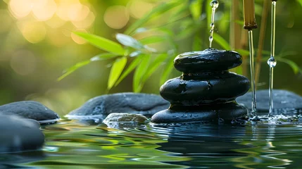 Rolgordijnen States of mind, meditation, feng shui, relaxation, nature, zen concept. Bamboo, rocks and water   © Ziyan
