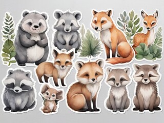 Stickers, cutting edges Set of cute cartoon animals on the white background. Vector illustration.