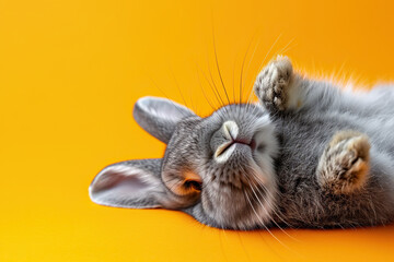 Cute grey rabbit lying on back on orange background, fluffy ears, playful posture, animal antics,...
