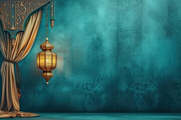 Lantern hanging next to curtains on blue painted wall background, copy space for text