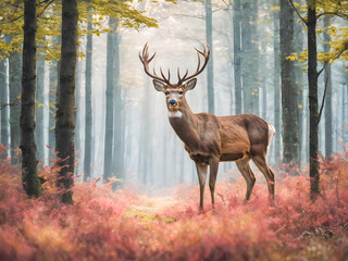 Beautiful wild deer in the autumn forest. Seasonal natural scene.