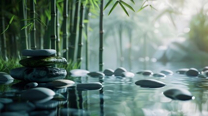 States of mind, meditation, feng shui, relaxation, nature, zen concept. Bamboo, rocks and water 
