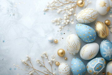 Fototapeta na wymiar Elegant blue and white Easter eggs arranged on a bright background, decorated with golden patterns, and festive layout with copy space. Banner