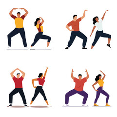 Group people exercising, fitness workout poses. Men women performing dance aerobic movements. Gymnastics healthy lifestyle vector illustration