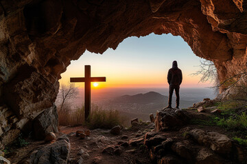 Figure standing in cave entrance, overlooking a cross at sunrise, representing hope, spirituality, resurrection, Easter, and contemplative peacefulness amidst natural beauty. - obrazy, fototapety, plakaty