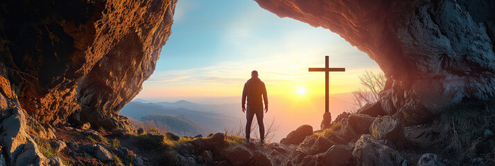 Figure standing in cave entrance, overlooking a cross at sunrise, representing hope, spirituality, resurrection, Easter, and contemplative peacefulness amidst natural beauty. - obrazy, fototapety, plakaty