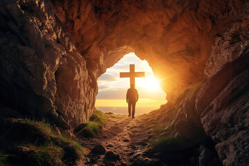 Silhouette of a person standing in a cave entryway, with a sunlit cross visible outside, evoking feelings of hope, spirituality, and peaceful contemplation.