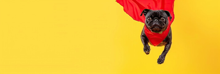 Superhero dog, Cute pug with a red cloak and red mask jumping and flying on yellow background with copy space. The concept of a superhero, funny dog pet, leader, funny animal studio shot - obrazy, fototapety, plakaty