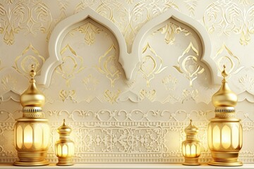 Mosque frame with white and gold motif background with beautiful patterns. There are lanterns on the mosque dome that light up, adding to the beauty of the images for Ramadan content with copy space.