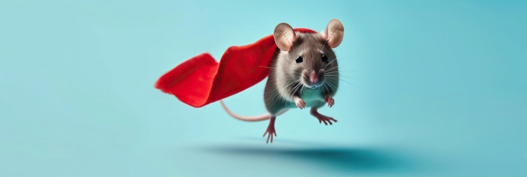Superhero mouse, Cute grey mouse with a red cloak jumping and flying on light blue background with copy space. The concept of a superhero, funny pet, leader, funny animal studio shot - Powered by Adobe