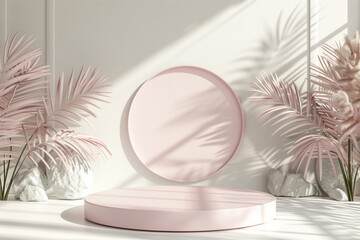 podium and minimal pink product display with tropical leaves pink pastel and light shadow background.