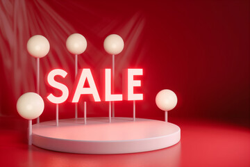 podium and minimal white product display with shopping sale light and red background.