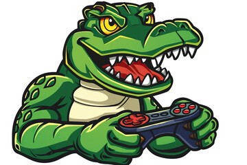 A crocodile or dinosaur lizard gamer sports video game gaming mascot holding a games controller, illustration