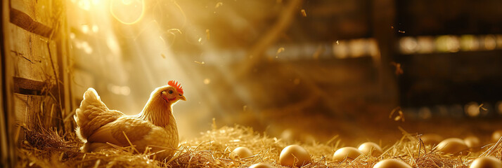 A gold hen sits on gold eggs amidst hay with sunlight streaming through the barn. Banner. - obrazy, fototapety, plakaty