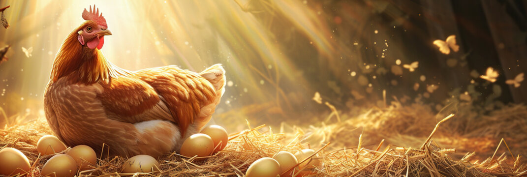 A gold hen sits on gold eggs amidst hay with sunlight streaming through the barn. Banner.