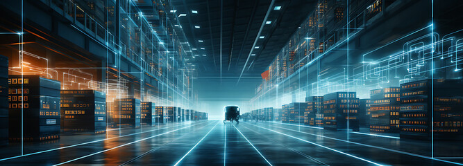 Futuristic Technology Retail Warehouse, a digital warehouse with electronic grids connected to a barcode scanner banner background - obrazy, fototapety, plakaty