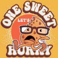 illustration of rich chocolate cookie with glasses to give it a scholarly or nerdy impression texture of cookie dough and text "One Sweet Cookie let's Hurry" cake pattern set.