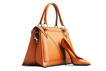 A stylish womans handbag featuring a matching pair of high heel shoes, showcasing a trendy businesswoman style. Isolated