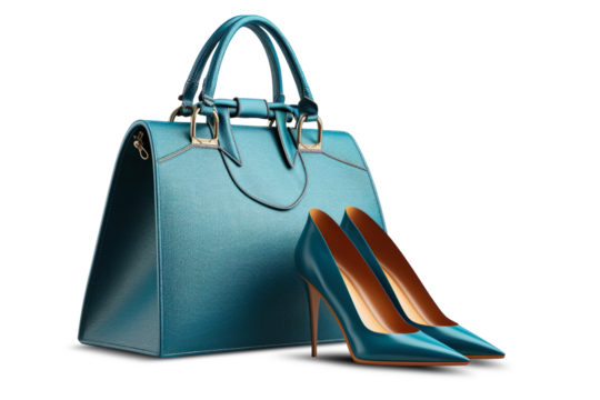 A photo showcasing a fashionable blue purse and matching high heel shoes, designed for a business woman style. Isolated