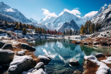 A scenic view of a tranquil lake surrounded by snow capped mountains, a haven for wanderlust seekers - obrazy, fototapety, plakaty