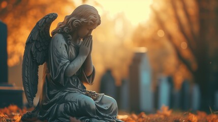 Angel statue grieving and praying on graveyard at golden hour in autumn cemetery with fallen orange leaves and foliage for burial funeral services background with copyspace - obrazy, fototapety, plakaty