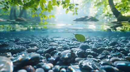 underwater of river natural landscape with stone pebble and water tree leaf flow in water beautiful nature background