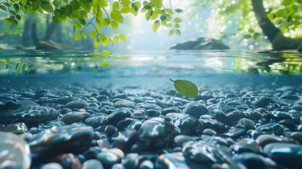 Fotobehang underwater of river natural landscape with stone pebble and water tree leaf flow in water beautiful nature background © Ziyan