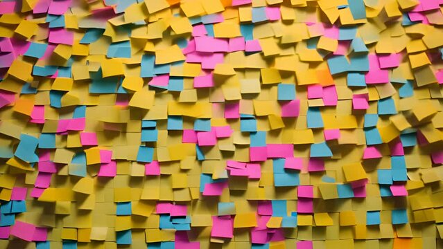Intricately designed wall covered in kaleidoscope of vibrant, different colored sticky notes, showcasing creativity and artistic expression
