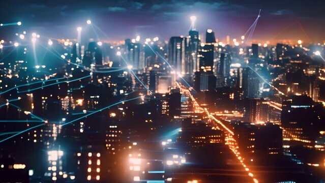 Nighttime city adorned by mesmerizing network of lights, creating enchanting symphony of illumination
