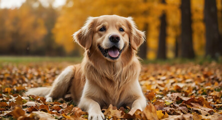 Cute playful Labrador retriever dog sitting on fallen leaves, dog park, dog walk concept.