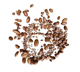 Coffee. Fresh-roast coffee beans of arabica flying by spiral. Bracing good morning drink concept, isolated. 3D PNG Illustration.