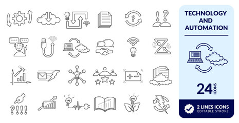 SET OF EDITABLE LINE TECHNOLOGY ICONS.
ELEMENTS TO ILLUSTRATE, PRODUCTION, BUSINESS, MODERN AUTOMATION, COMMUNICATION NETWORK, COMMERCIAL COMPANY, PLANNING AND OTHERS.
PIXEL PERFECT. EDITABLE LINE
