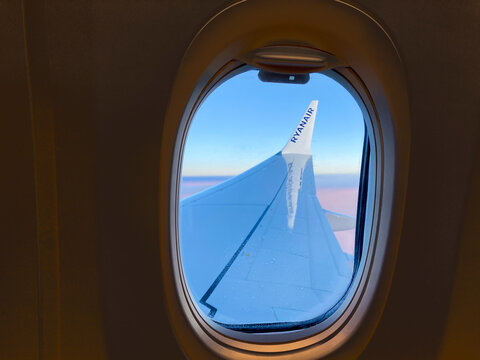 View from Boeing 747 on a Ryan Air flight. Window seat