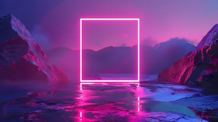 Foto op Canvas Vector 3d render, square glowing in the dark, pink blue neon light, illuminate frame design. Abstract cosmic vibrant color backdrop. Glowing neon light. Neon frame with rounded corners.  © Ziyan