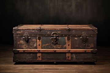 A weathered antique trunk with metal hardware