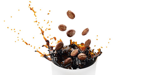 Hot takeway espresso morning coffee splash in cardboard paper cup. Coffee to go fragrant drink splashes. Falling down coffee beans isolated. Banner design. 3D PNG Illustration. - obrazy, fototapety, plakaty