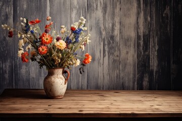 A wooden table with a vase of wildflowers