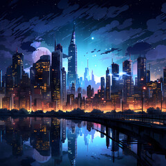 Nighttime cityscape with illuminated skyscrapers.