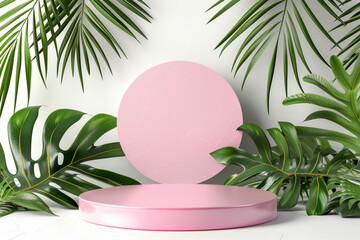 podium and minimal pink product display with tropical leaves shadow white background.