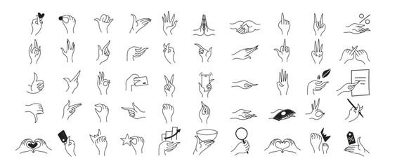Set of 50 icons include hand gestures . Full Vector Outline Style Icons. Vector Stock illustration functional, for all kind of bussiness editable vectors, interaction and more icon, monochrome

