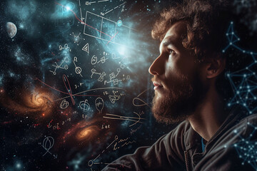 Quantum philosopher exploring theoretical dimensions: Image of a pensive individual staring into space, surrounded by equations and diagrams. - obrazy, fototapety, plakaty