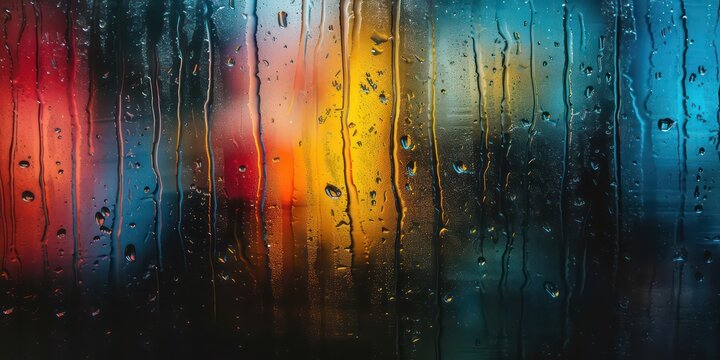 Soft patter of rain on a vivid soft black glass, blending tranquility with the vibrancy of color and bokeh light.