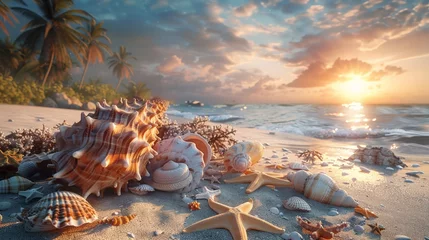  Landscape of a beach with shells, conches, coral and starfish on the shore and palm trees with sunset in the background. Summer wallpaper. © arhendrix